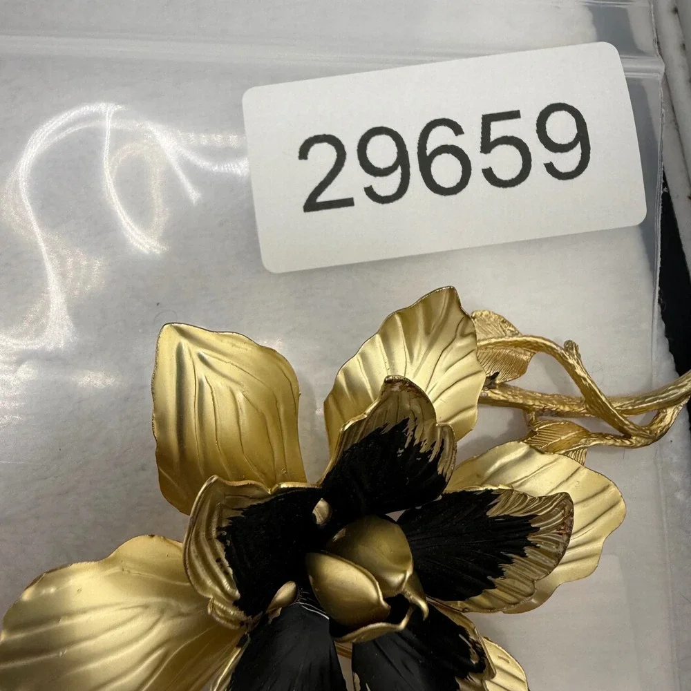 Vintage Hedy Flower Brooch Gold Black Enamel Textured Floral Pin READ